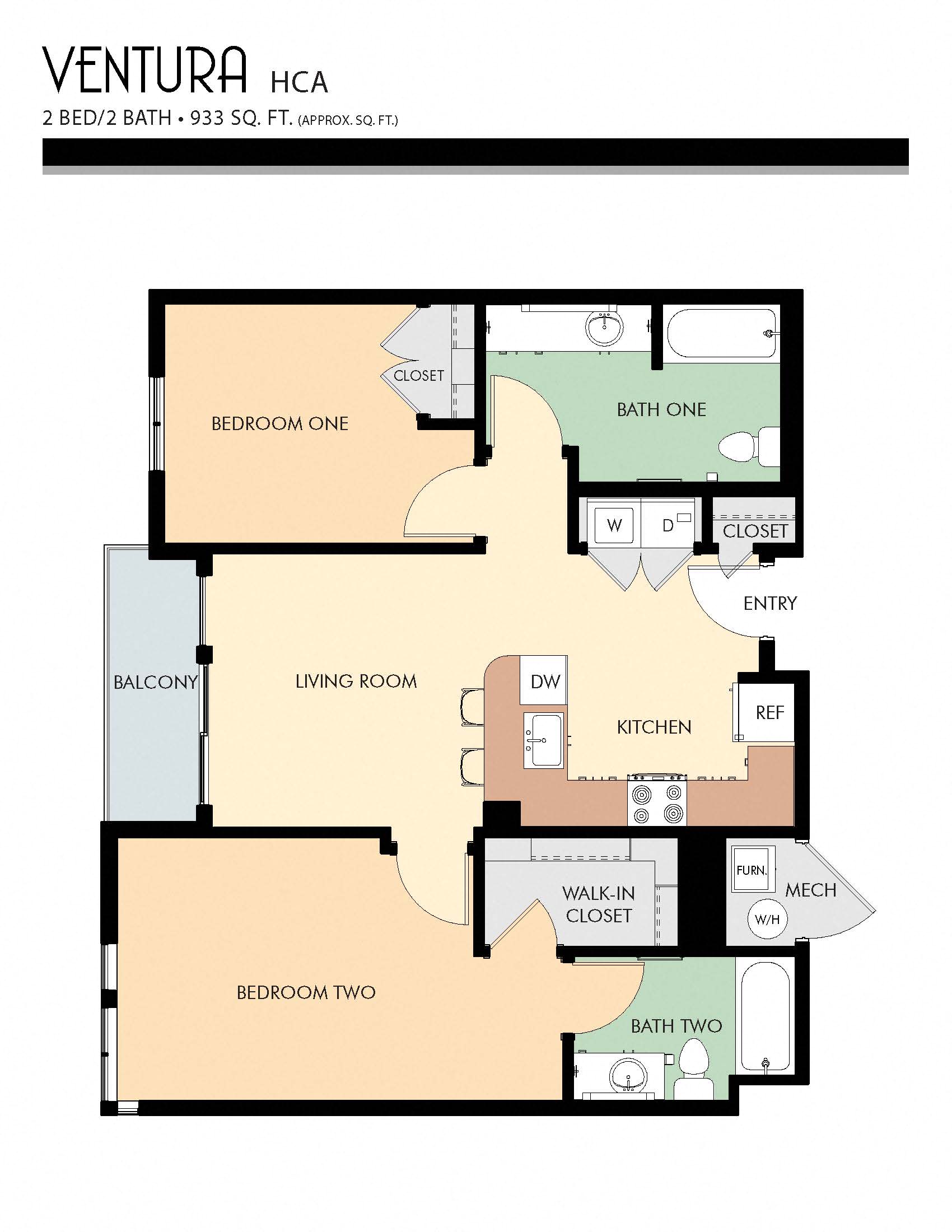 Floor plan for 2 beds, 2 baths, 933 sqft